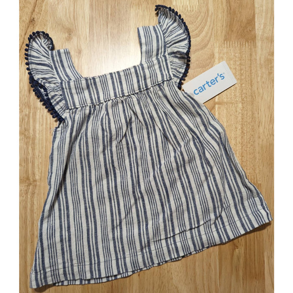 Carters Baby Girl Blue White Top Ruffle Sleeves Striped Linen Shirt Size 12M - Picture 6 of 6
